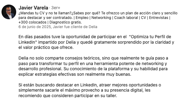 Recomendación de Javier Varela sobre el taller Optimiza tu Perfil de LinkedIn
